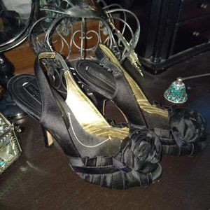 BCBG MAXAZRI black satin rosette slingback heels